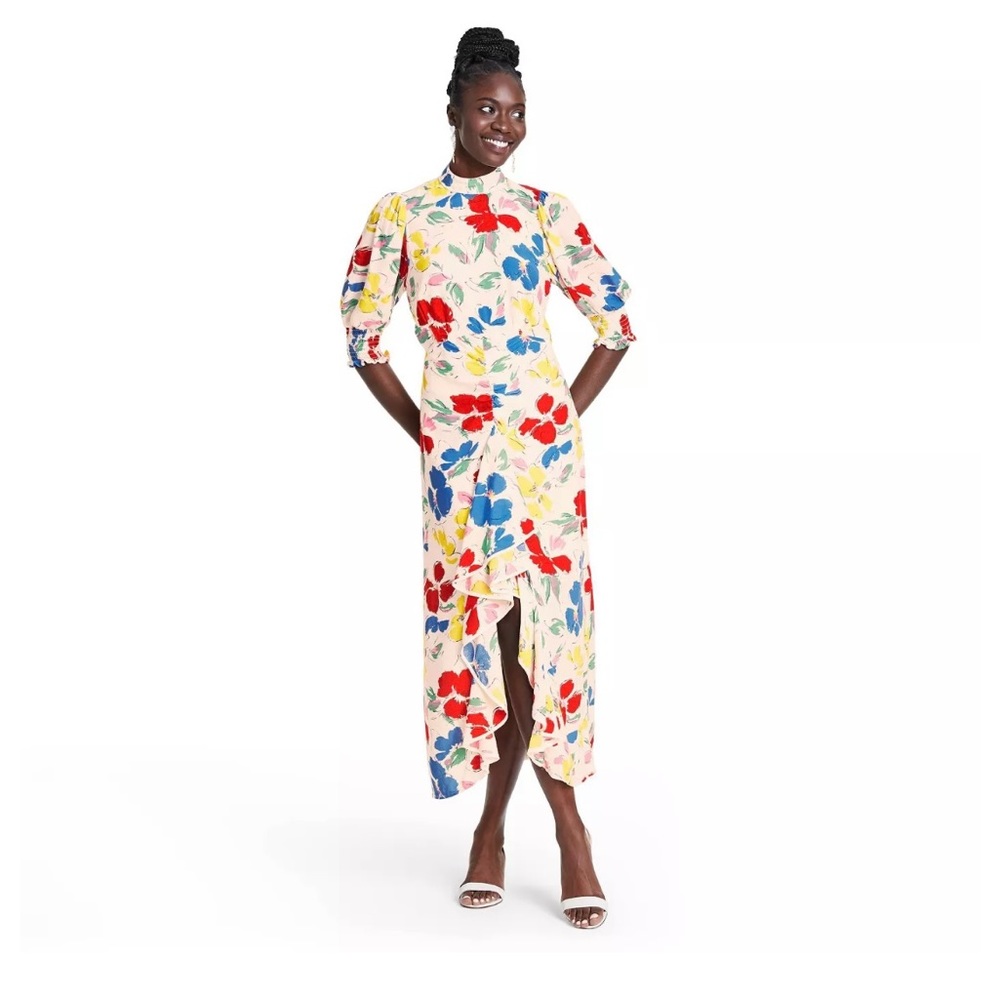 Floral Mock Neck Cascade Ruffle Dress